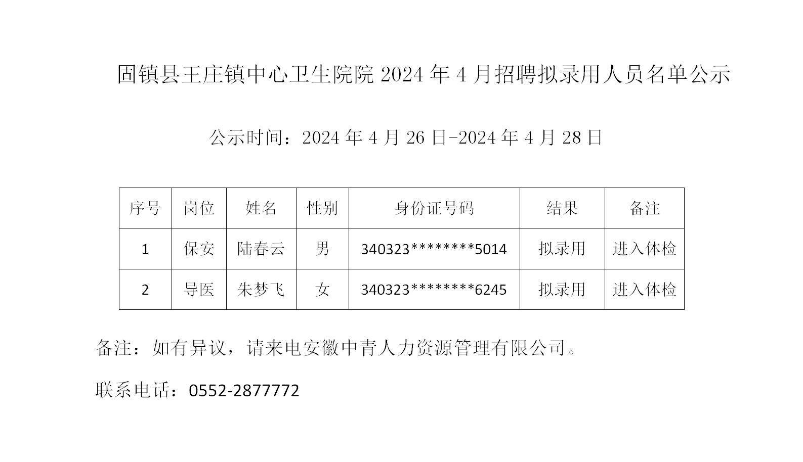 固镇县王庄镇中心卫生院院2024年4月招聘拟录用人员名单公示